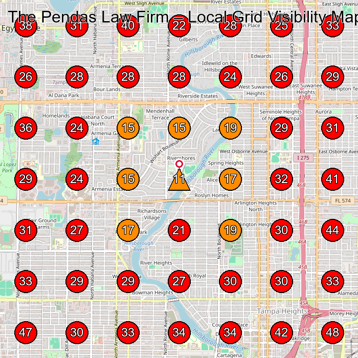 The Pendas Law Firm GeoGrid visibility map for Personal Injury Attorney in Tampa
